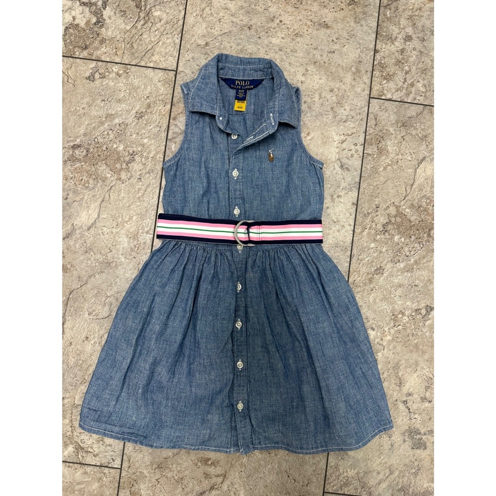 Polo Ralph Lauren Girls Blue Chambray Sleeveless Belted Shirtdress Size 4 4T